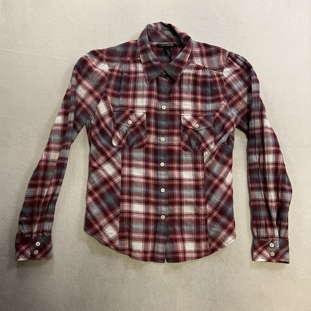 Lucky Brand Shirt Women's Size Medium Red Plaid Button Down Western Cowgirl